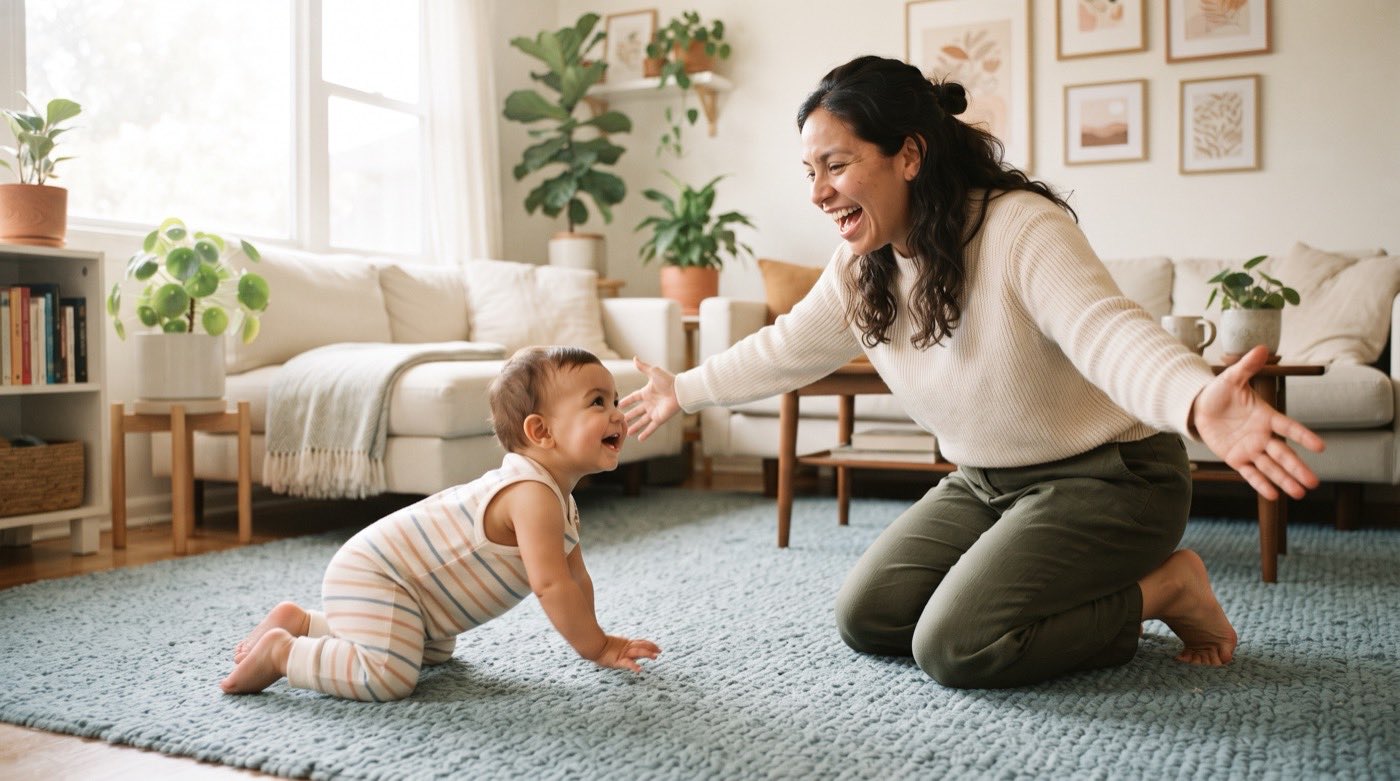A laughing mother kneels on a blue rug with her arms open as her baby crawls toward her.