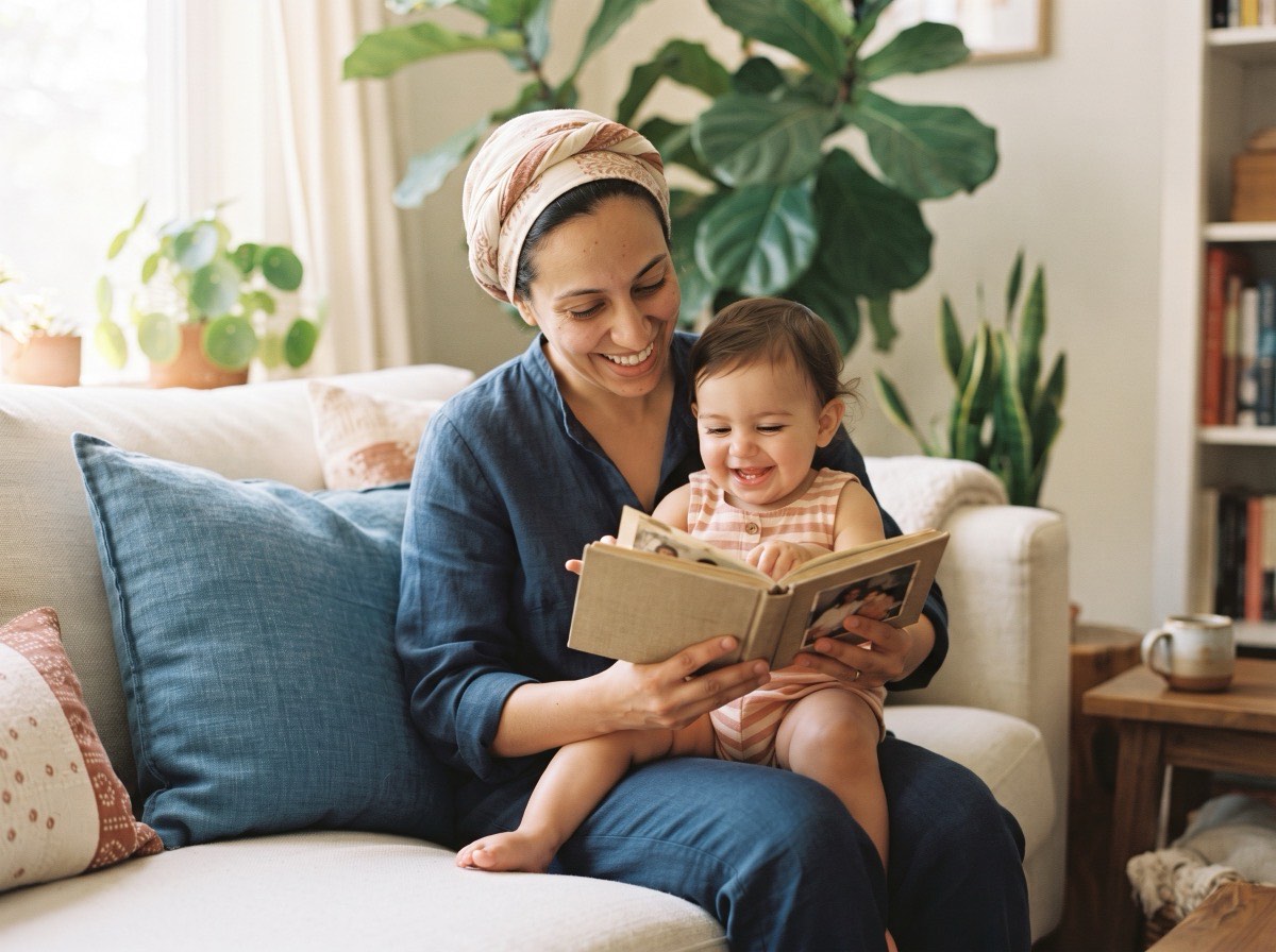 A mother in a soft headscarf sits on a sofa with her one-year-old on her lap, looking at a small photo book together.