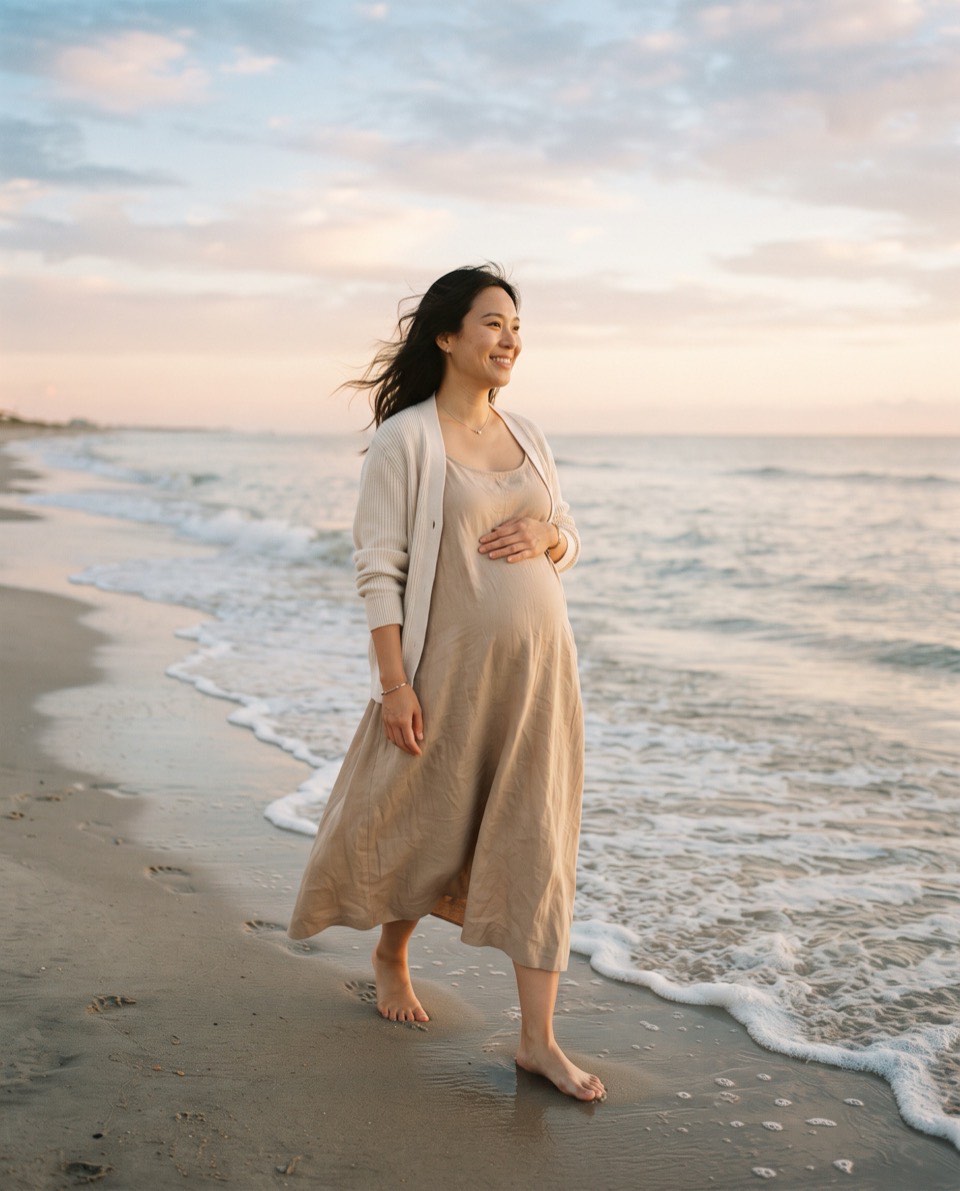 A pregnant woman in a linen dress walks barefoot along a calm shoreline at sunrise, one hand on her belly.
