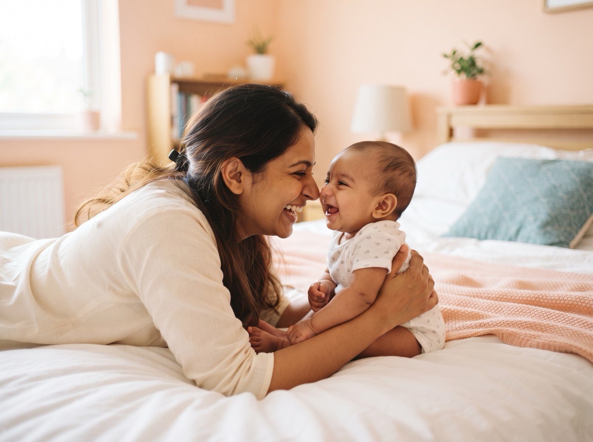 A mother and her baby lie face to face on a white bed, both laughing.