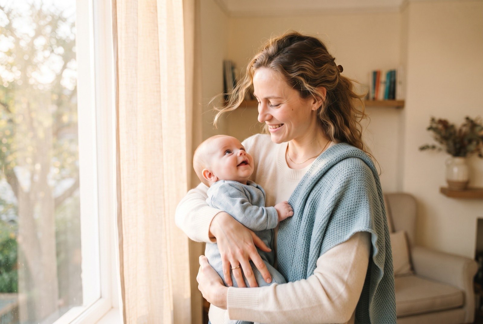 A mother in a cream sweater holds her baby by a sunlit window; the baby looks up at her and she smiles.