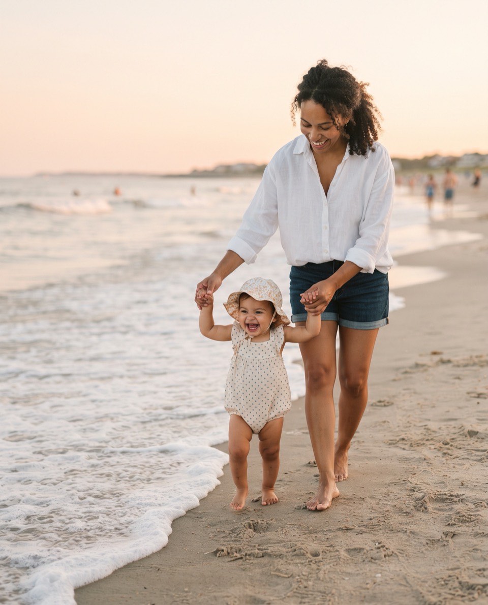 A mother holds hands with her toddler, who takes wobbly steps at the water’s edge on a calm beach.