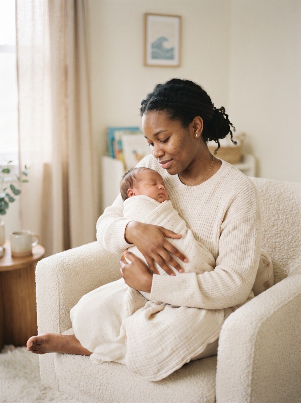 A mother in a soft sweater cradles her sleeping, swaddled newborn in a nursery armchair.