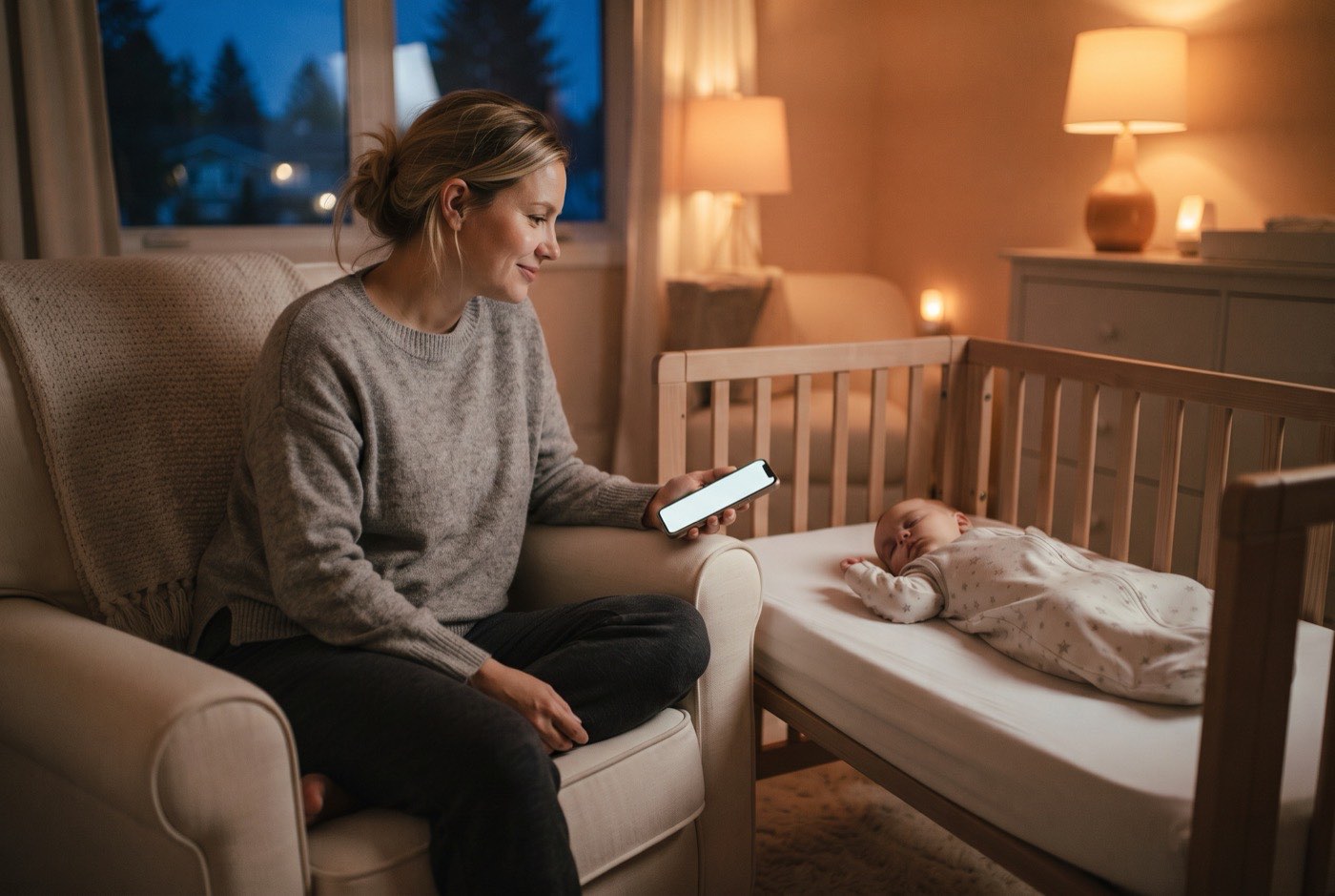 A mother sits under a warm lamp at night holding her phone, looking toward her baby asleep in a bedside crib.